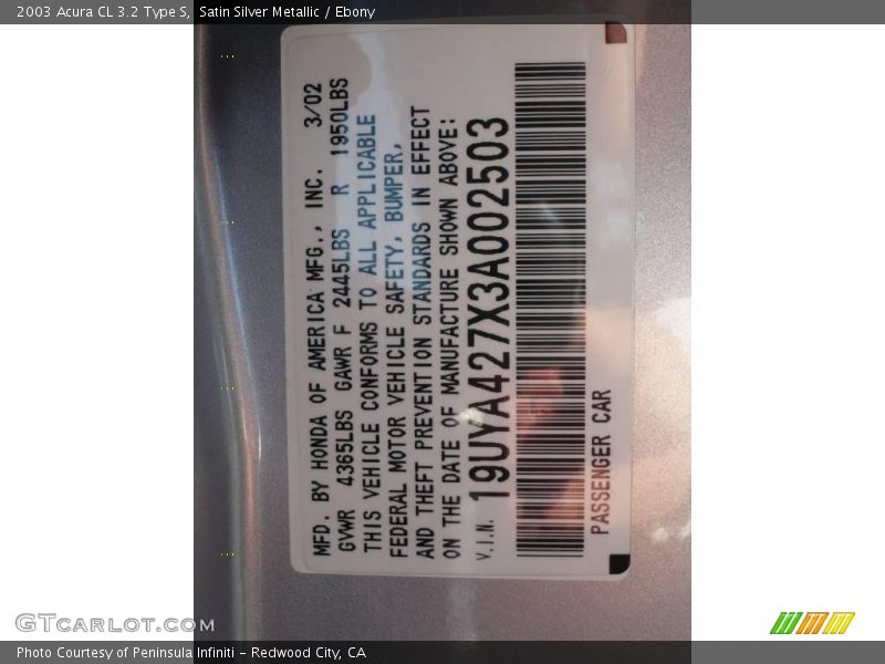 Satin Silver Metallic / Ebony 2003 Acura CL 3.2 Type S