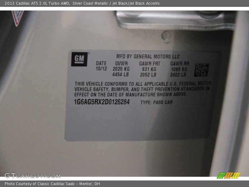 Silver Coast Metallic / Jet Black/Jet Black Accents 2013 Cadillac ATS 2.0L Turbo AWD