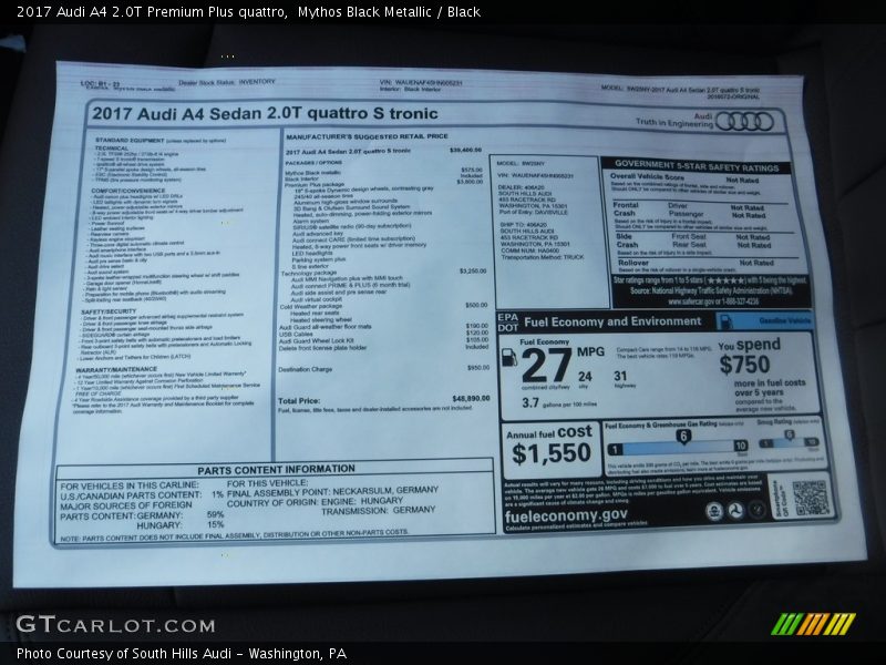  2017 A4 2.0T Premium Plus quattro Window Sticker