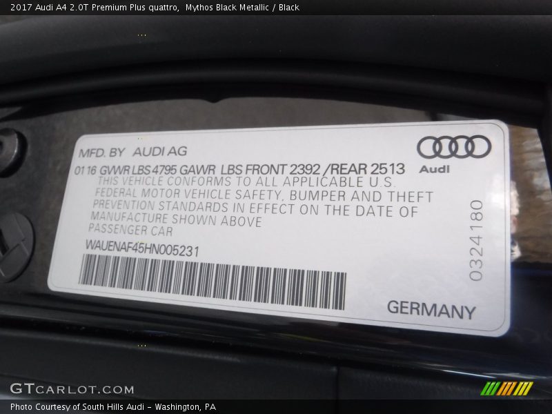 Mythos Black Metallic / Black 2017 Audi A4 2.0T Premium Plus quattro