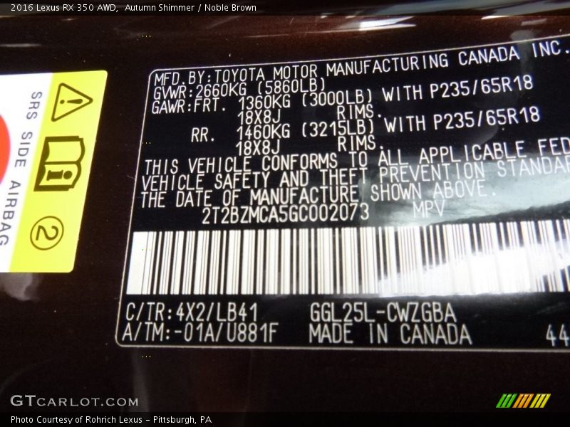 2016 RX 350 AWD Autumn Shimmer Color Code 4X2