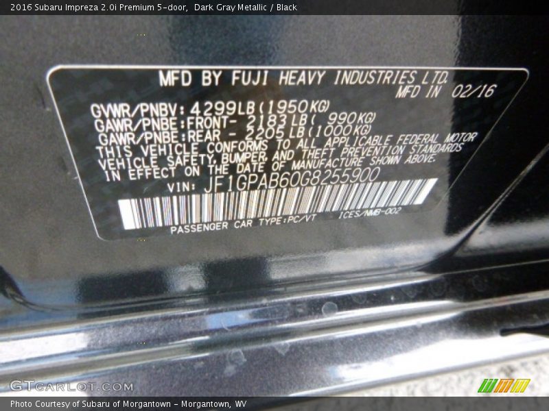 Dark Gray Metallic / Black 2016 Subaru Impreza 2.0i Premium 5-door