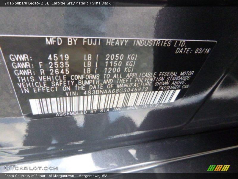 Carbide Gray Metallic / Slate Black 2016 Subaru Legacy 2.5i