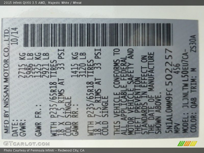Majestic White / Wheat 2015 Infiniti QX60 3.5 AWD