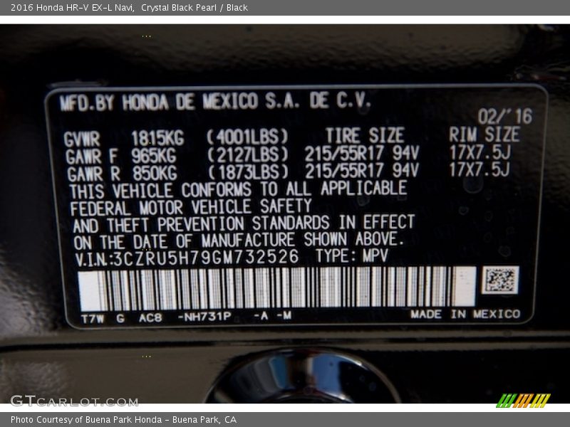 Crystal Black Pearl / Black 2016 Honda HR-V EX-L Navi