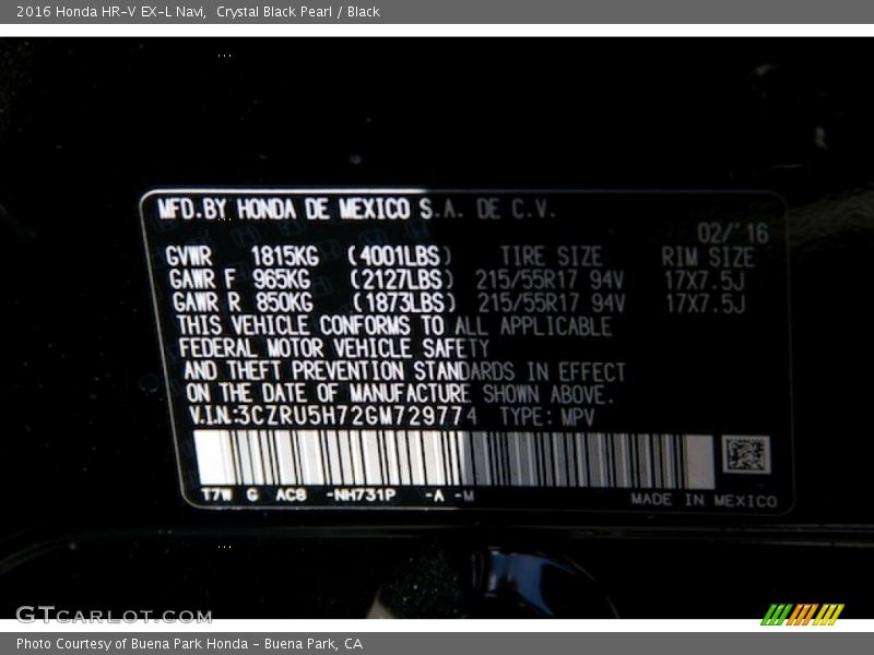 Crystal Black Pearl / Black 2016 Honda HR-V EX-L Navi