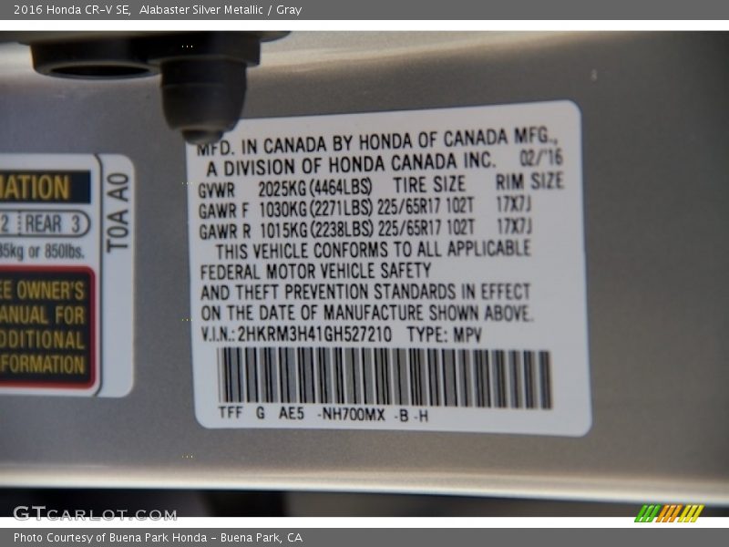 Alabaster Silver Metallic / Gray 2016 Honda CR-V SE