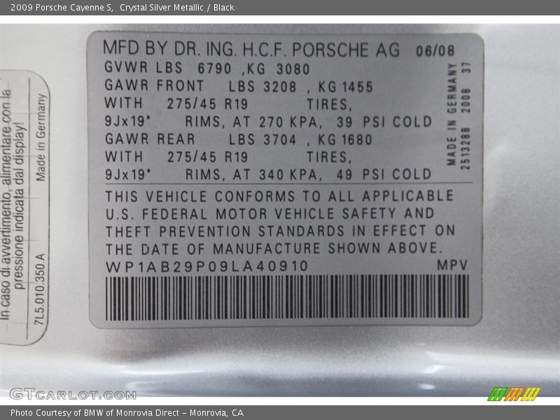 Crystal Silver Metallic / Black 2009 Porsche Cayenne S