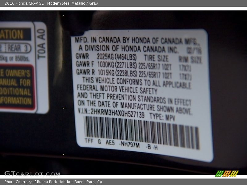 Modern Steel Metallic / Gray 2016 Honda CR-V SE