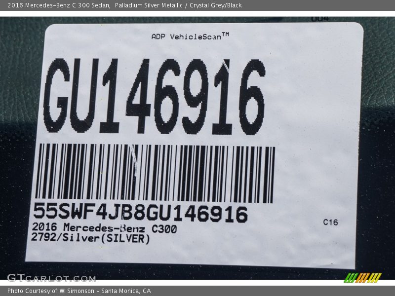 Palladium Silver Metallic / Crystal Grey/Black 2016 Mercedes-Benz C 300 Sedan