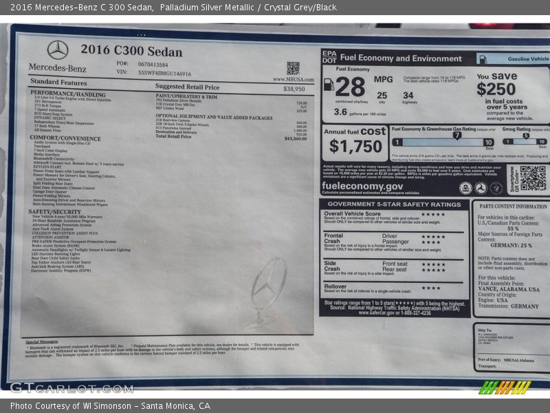 Palladium Silver Metallic / Crystal Grey/Black 2016 Mercedes-Benz C 300 Sedan