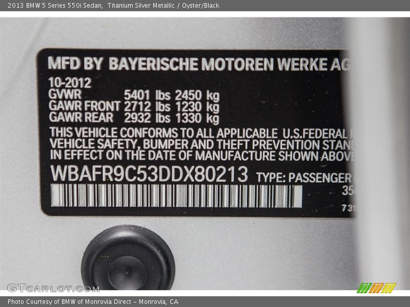 Titanium Silver Metallic / Oyster/Black 2013 BMW 5 Series 550i Sedan