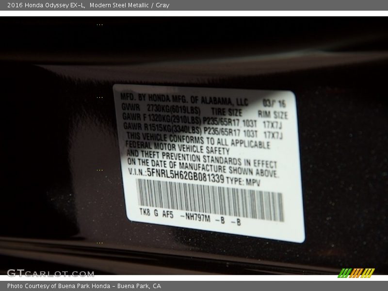 Modern Steel Metallic / Gray 2016 Honda Odyssey EX-L
