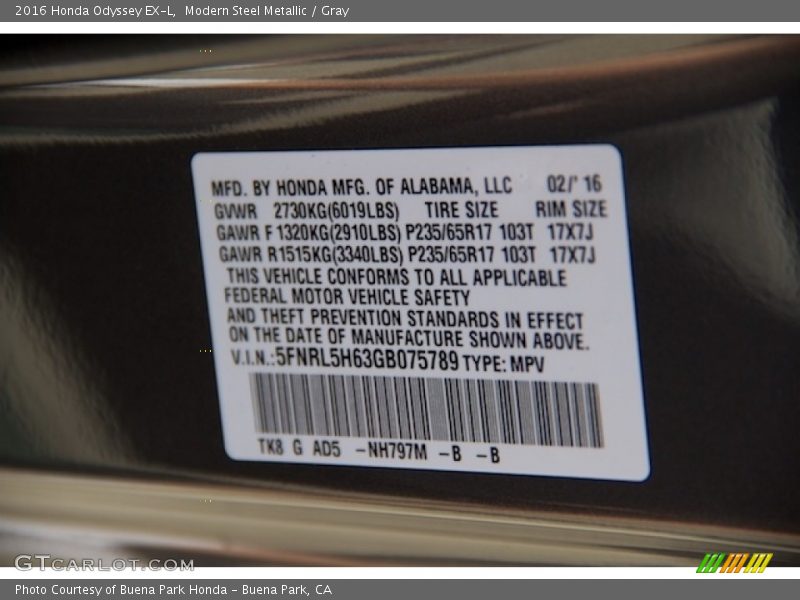 Modern Steel Metallic / Gray 2016 Honda Odyssey EX-L