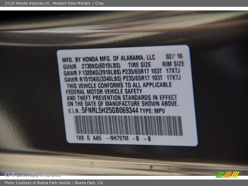 Modern Steel Metallic / Gray 2016 Honda Odyssey LX