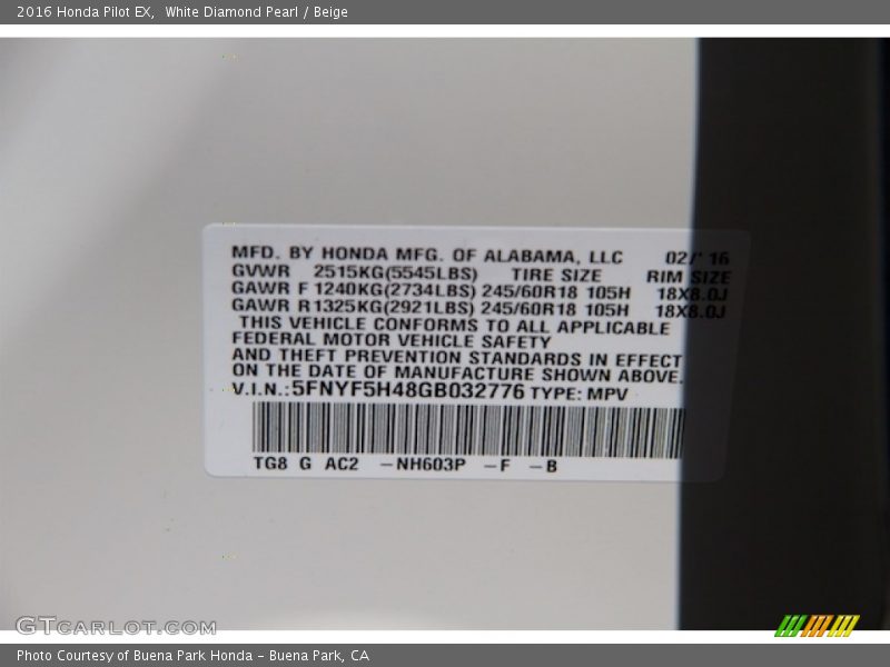 White Diamond Pearl / Beige 2016 Honda Pilot EX