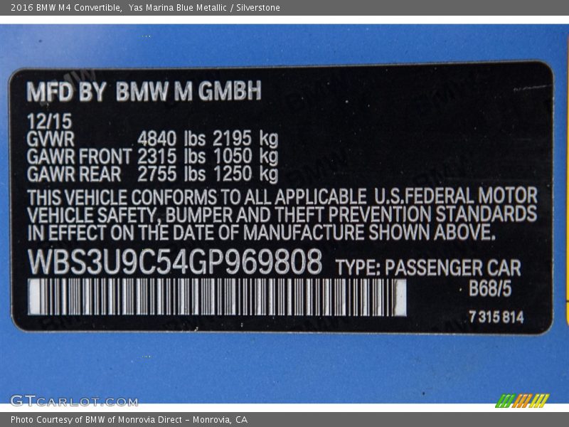 2016 M4 Convertible Yas Marina Blue Metallic Color Code B68