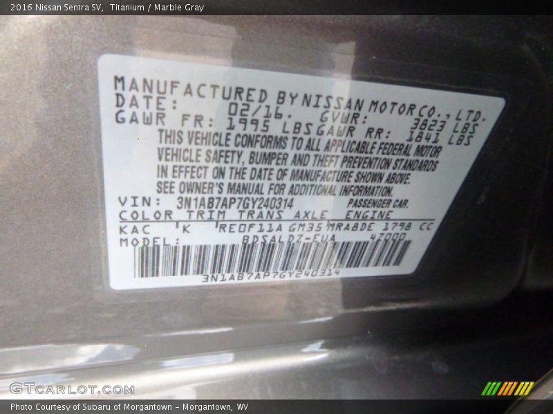 2016 Sentra SV Titanium Color Code KAC
