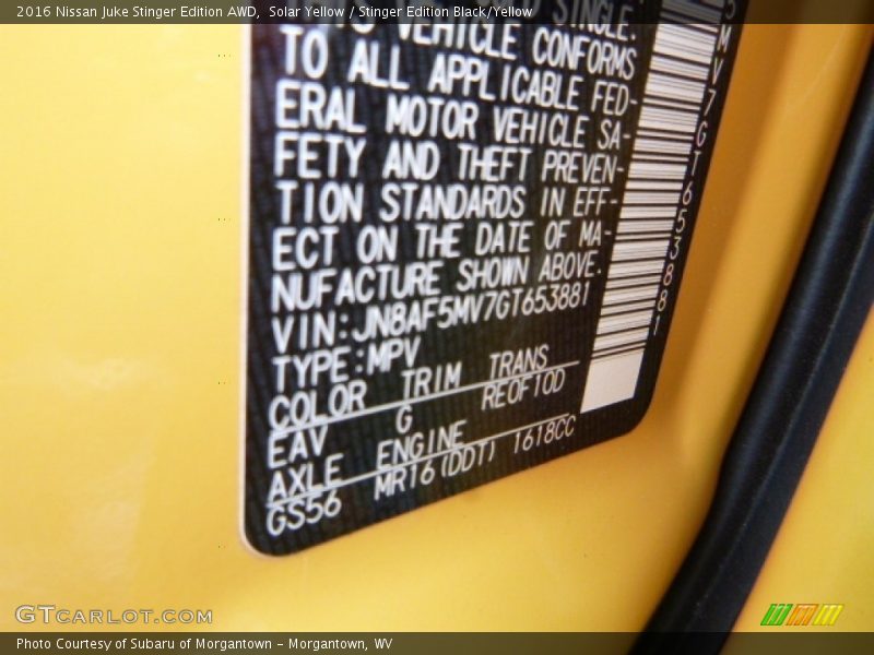 2016 Juke Stinger Edition AWD Solar Yellow Color Code EAV