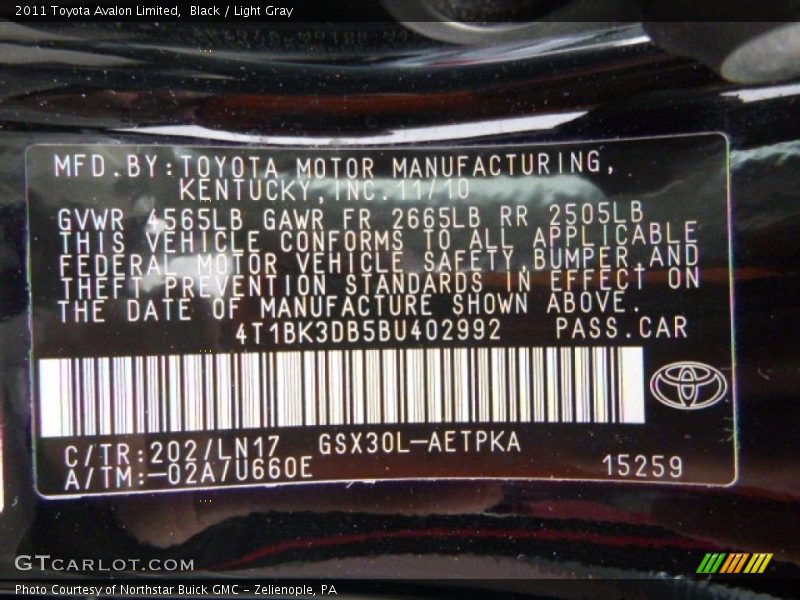 Black / Light Gray 2011 Toyota Avalon Limited