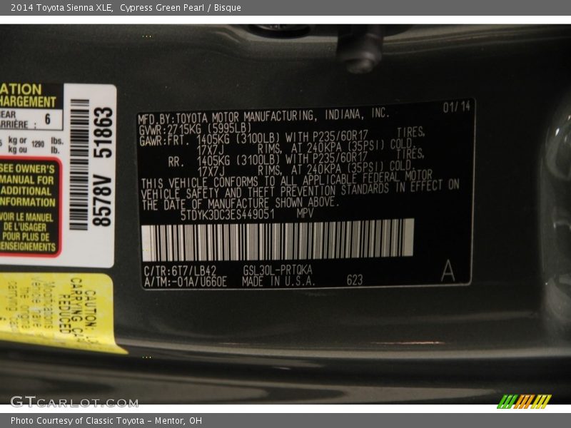 Cypress Green Pearl / Bisque 2014 Toyota Sienna XLE