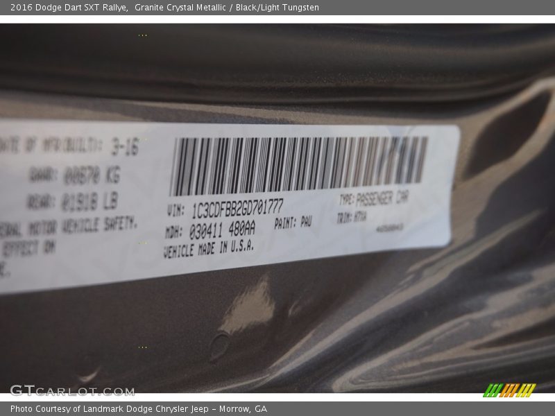 Granite Crystal Metallic / Black/Light Tungsten 2016 Dodge Dart SXT Rallye
