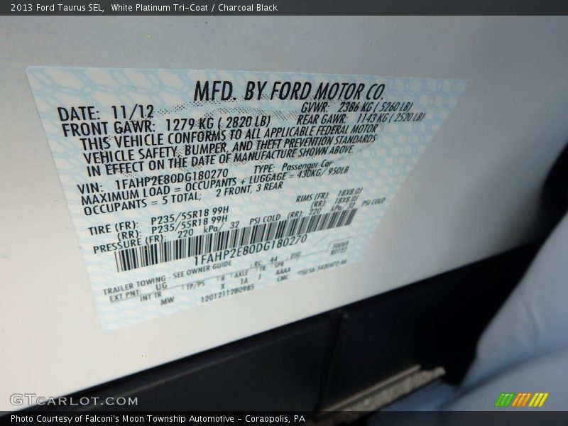 White Platinum Tri-Coat / Charcoal Black 2013 Ford Taurus SEL