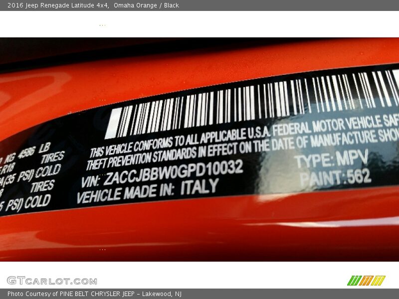 2016 Renegade Latitude 4x4 Omaha Orange Color Code 562