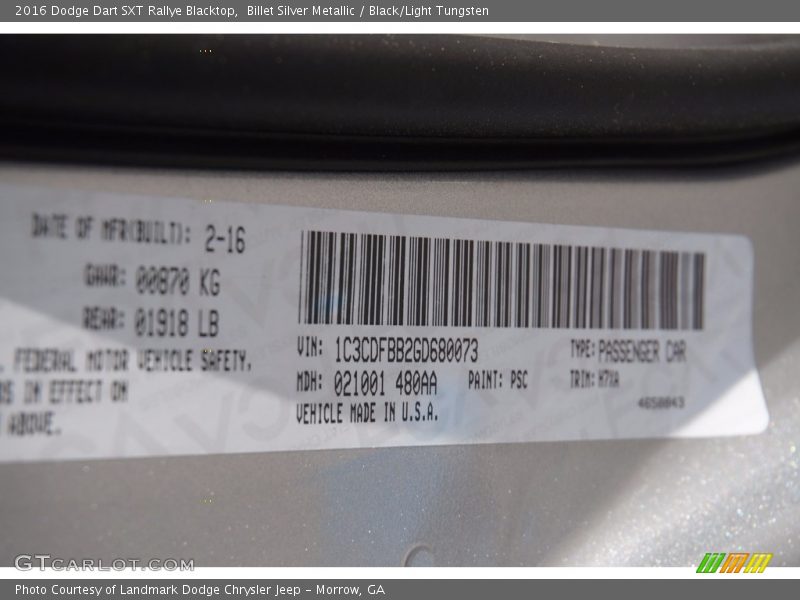 Billet Silver Metallic / Black/Light Tungsten 2016 Dodge Dart SXT Rallye Blacktop
