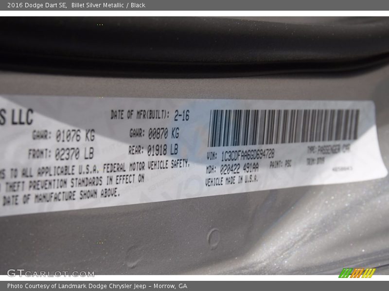 Billet Silver Metallic / Black 2016 Dodge Dart SE