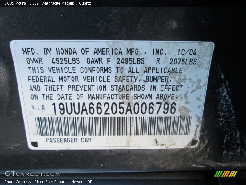 Anthracite Metallic / Quartz 2005 Acura TL 3.2
