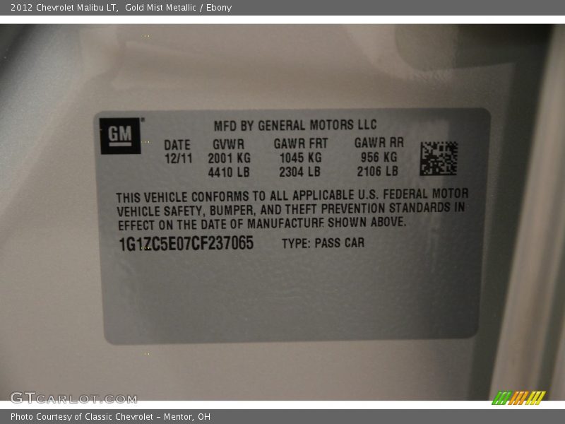 Gold Mist Metallic / Ebony 2012 Chevrolet Malibu LT