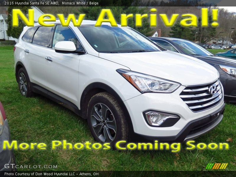 Monaco White / Beige 2016 Hyundai Santa Fe SE AWD