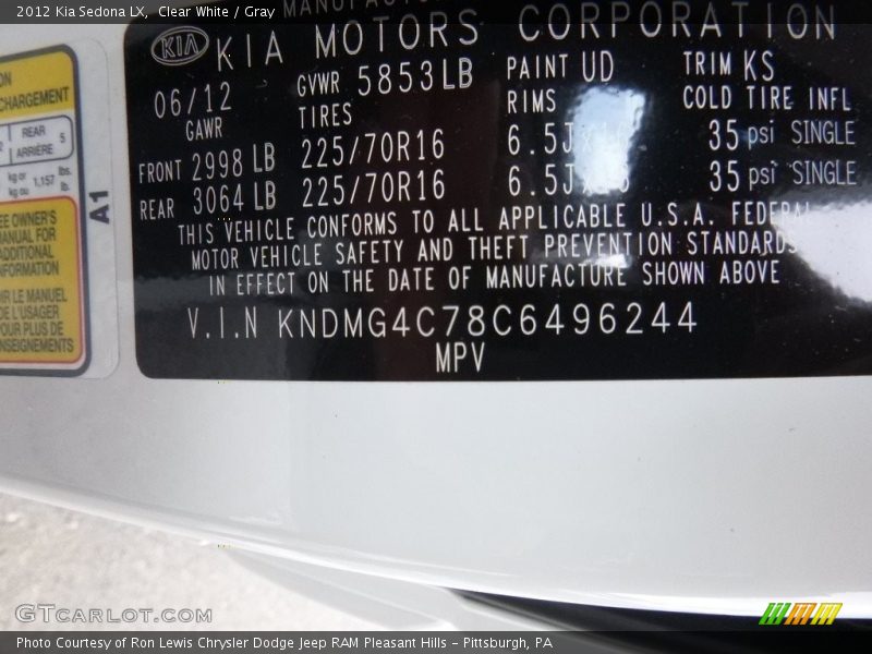 Clear White / Gray 2012 Kia Sedona LX