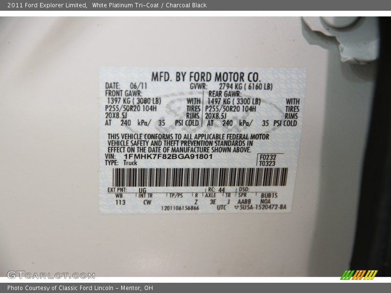 White Platinum Tri-Coat / Charcoal Black 2011 Ford Explorer Limited