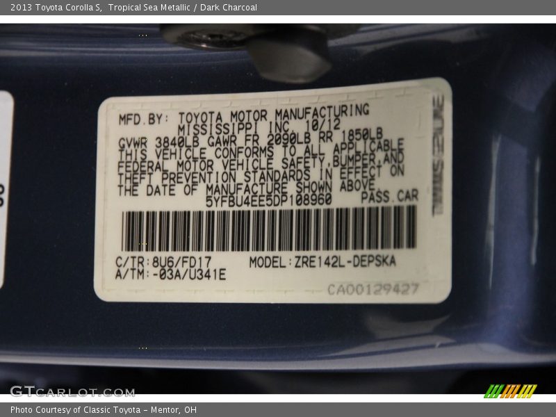 Tropical Sea Metallic / Dark Charcoal 2013 Toyota Corolla S