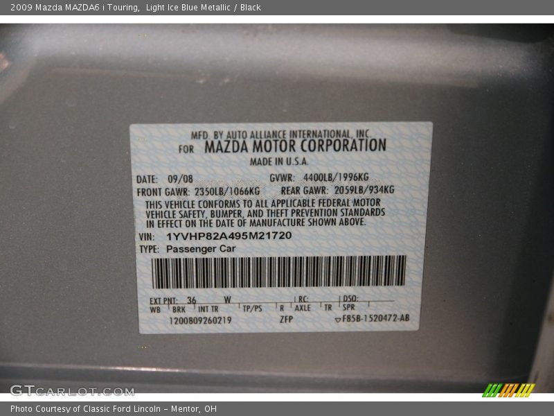 Light Ice Blue Metallic / Black 2009 Mazda MAZDA6 i Touring