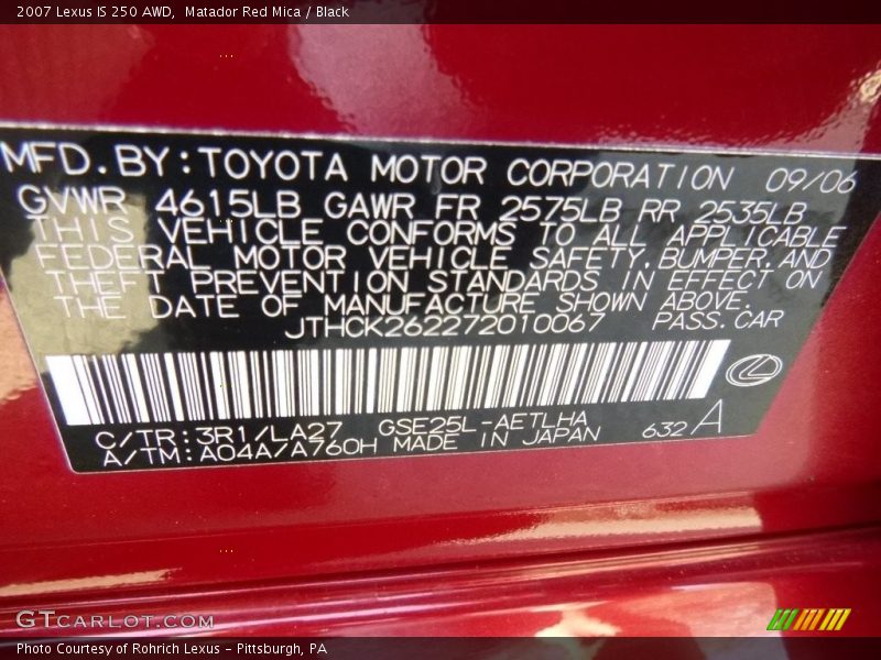 Matador Red Mica / Black 2007 Lexus IS 250 AWD