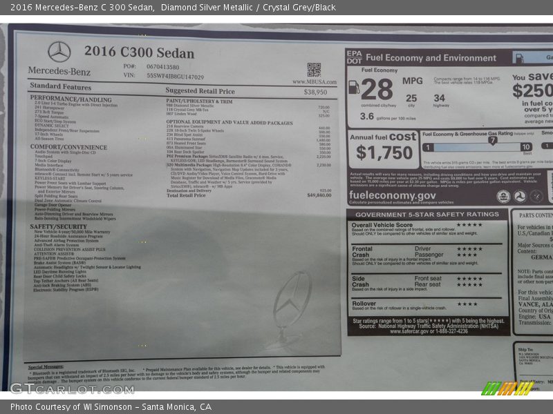 Diamond Silver Metallic / Crystal Grey/Black 2016 Mercedes-Benz C 300 Sedan