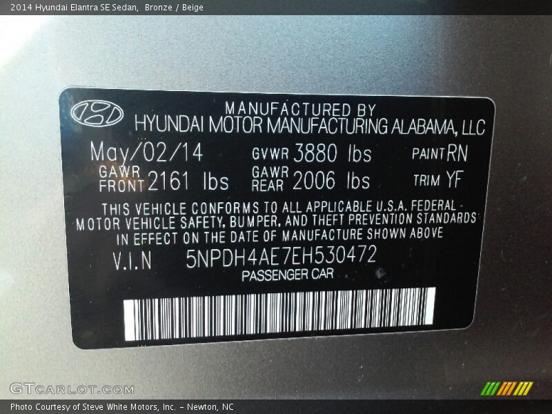 Bronze / Beige 2014 Hyundai Elantra SE Sedan