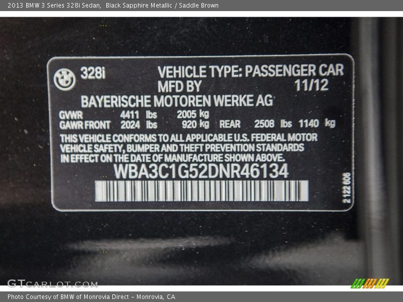 Black Sapphire Metallic / Saddle Brown 2013 BMW 3 Series 328i Sedan