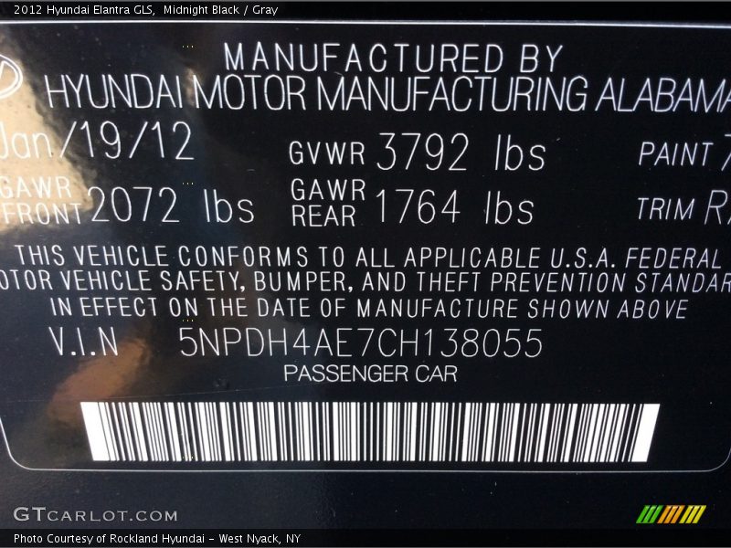 Midnight Black / Gray 2012 Hyundai Elantra GLS