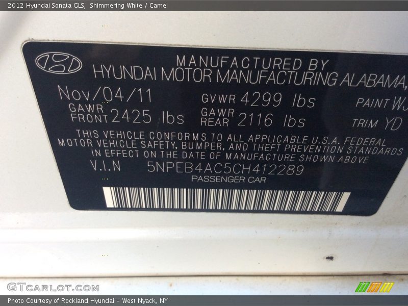 Shimmering White / Camel 2012 Hyundai Sonata GLS