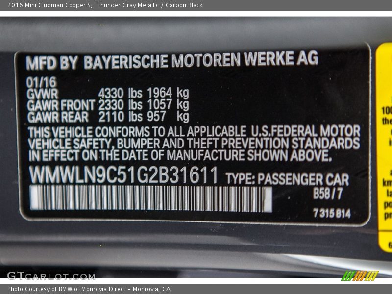 2016 Clubman Cooper S Thunder Gray Metallic Color Code B58