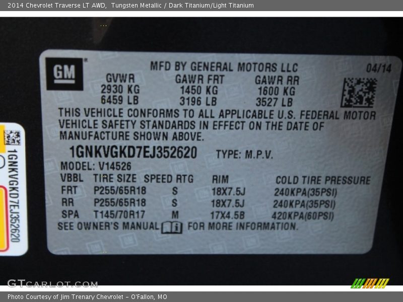 Tungsten Metallic / Dark Titanium/Light Titanium 2014 Chevrolet Traverse LT AWD