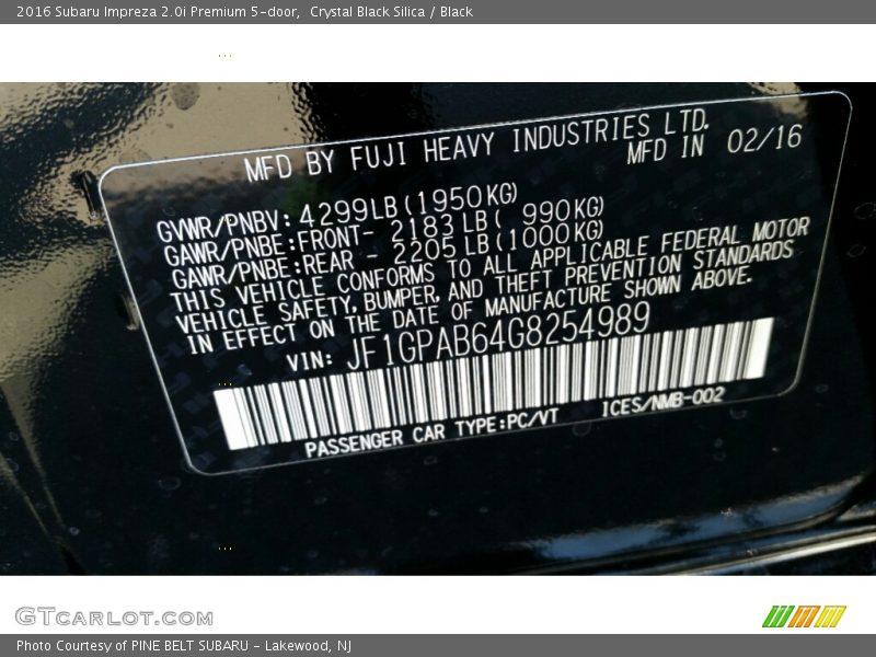 Crystal Black Silica / Black 2016 Subaru Impreza 2.0i Premium 5-door