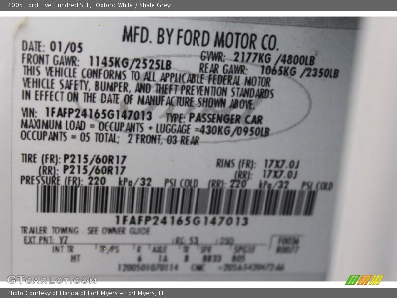 Oxford White / Shale Grey 2005 Ford Five Hundred SEL