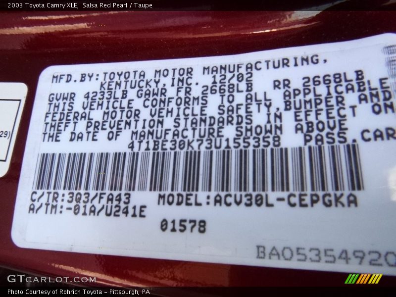 Salsa Red Pearl / Taupe 2003 Toyota Camry XLE