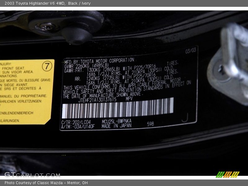 Black / Ivory 2003 Toyota Highlander V6 4WD