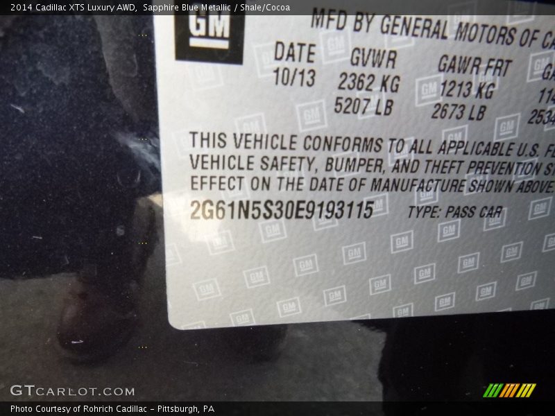 Sapphire Blue Metallic / Shale/Cocoa 2014 Cadillac XTS Luxury AWD